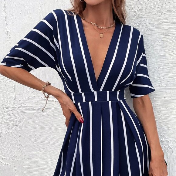 Navy Blue Casual Women's Striped Plunging Neck Fold Pleated Detail Dress - Picture 3 of 5